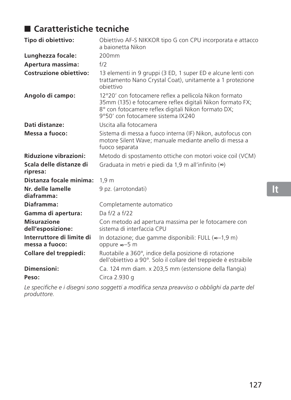 Jp en de fr es se ru nl it ck ch kr, Caratteristiche tecniche | Nikon 200mm-f-2G-ED-AF-S-VR-II-Nikkor User Manual | Page 127 / 228