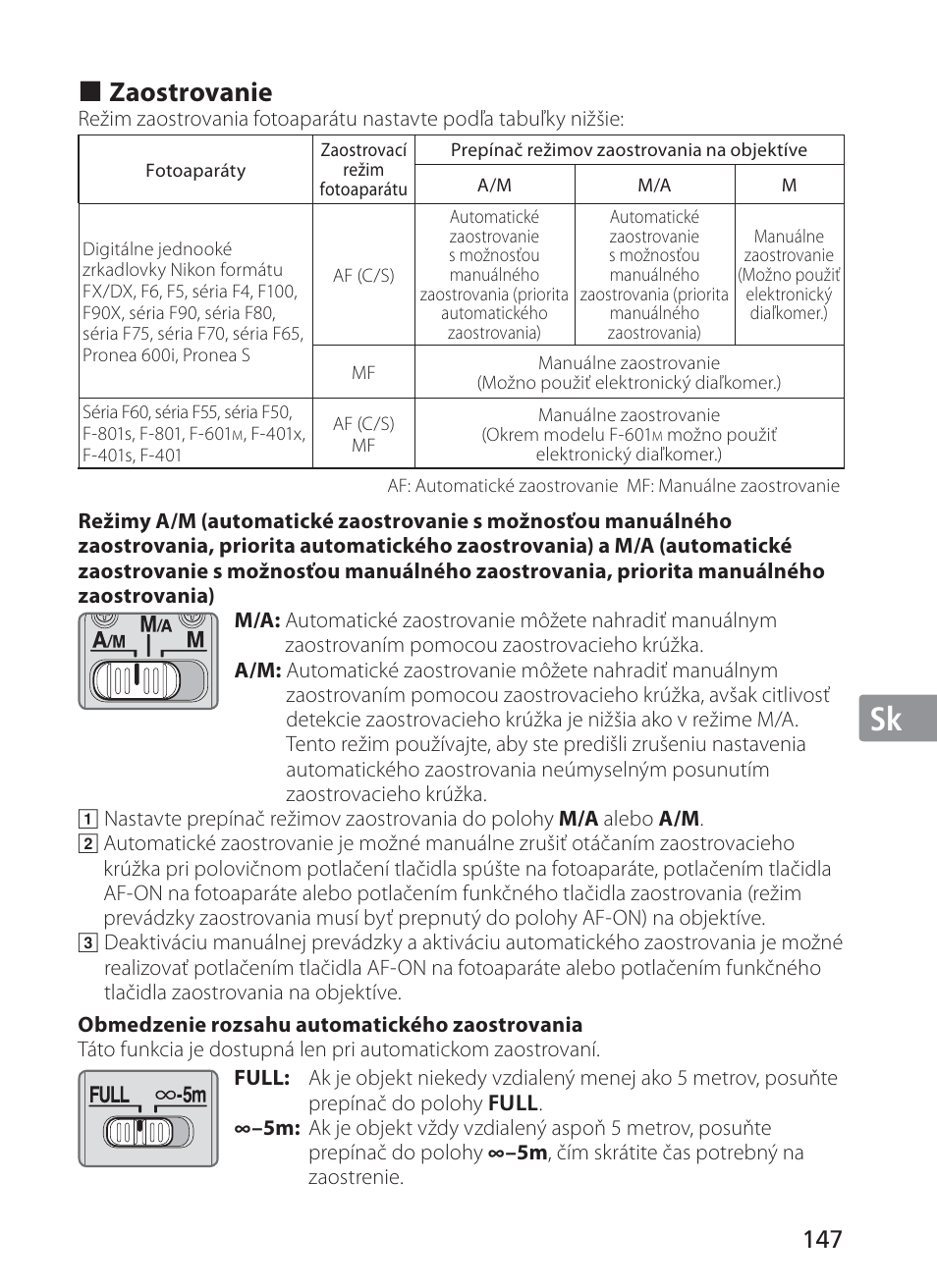 Jp en de fr es se ru nl it cz sk kr, Zaostrovanie | Nikon 200mm-f-2G-ED-AF-S-VR-II-Nikkor User Manual | Page 147 / 228