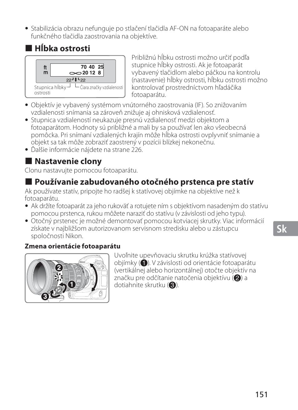 Jp en de fr es se ru nl it cz sk kr, Hĺbka ostrosti, Nastavenie clony | Nikon 200mm-f-2G-ED-AF-S-VR-II-Nikkor User Manual | Page 151 / 228