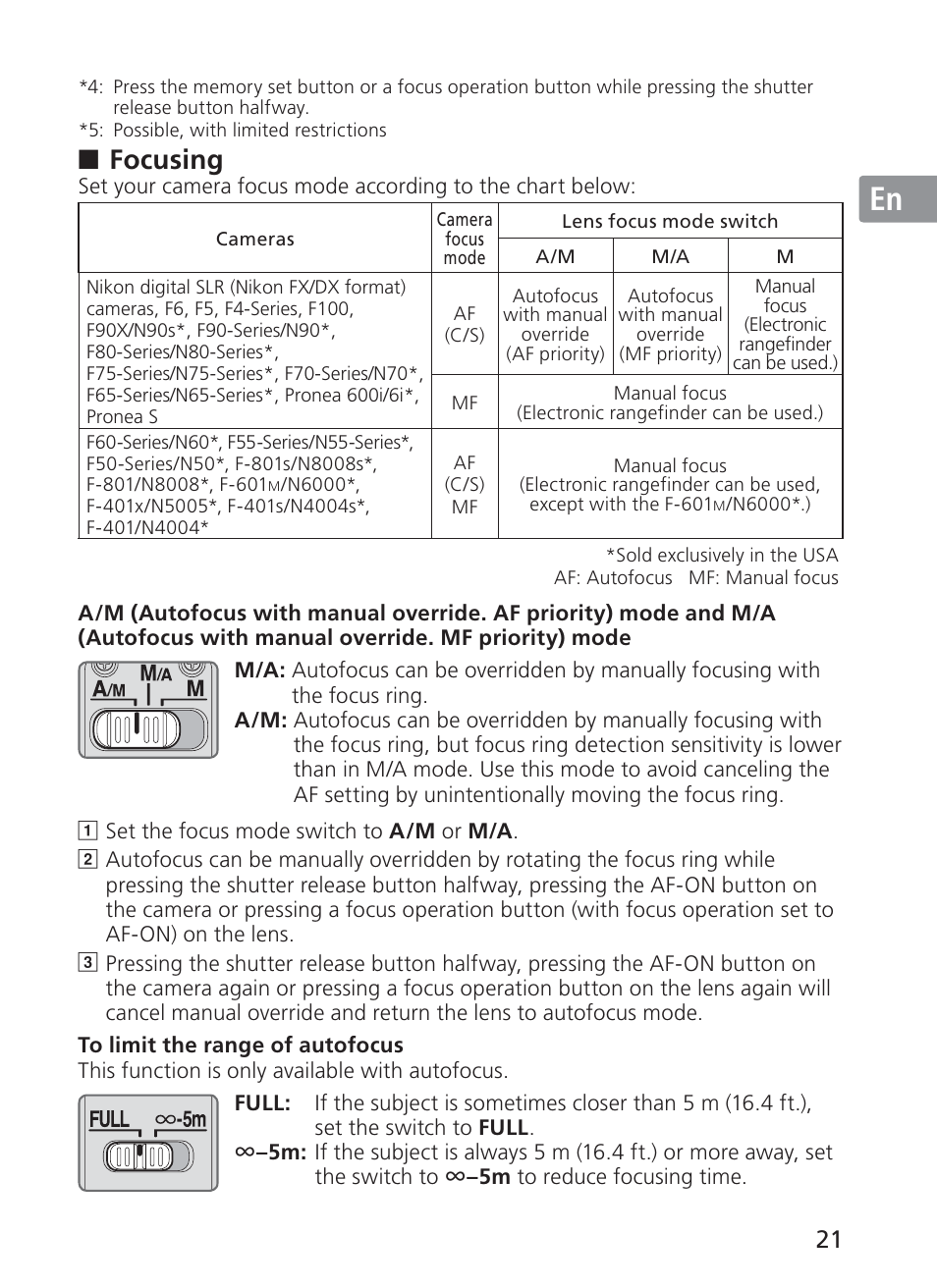 Jp en de fr es se ru nl it ck ch kr, Focusing | Nikon 200mm-f-2G-ED-AF-S-VR-II-Nikkor User Manual | Page 21 / 228