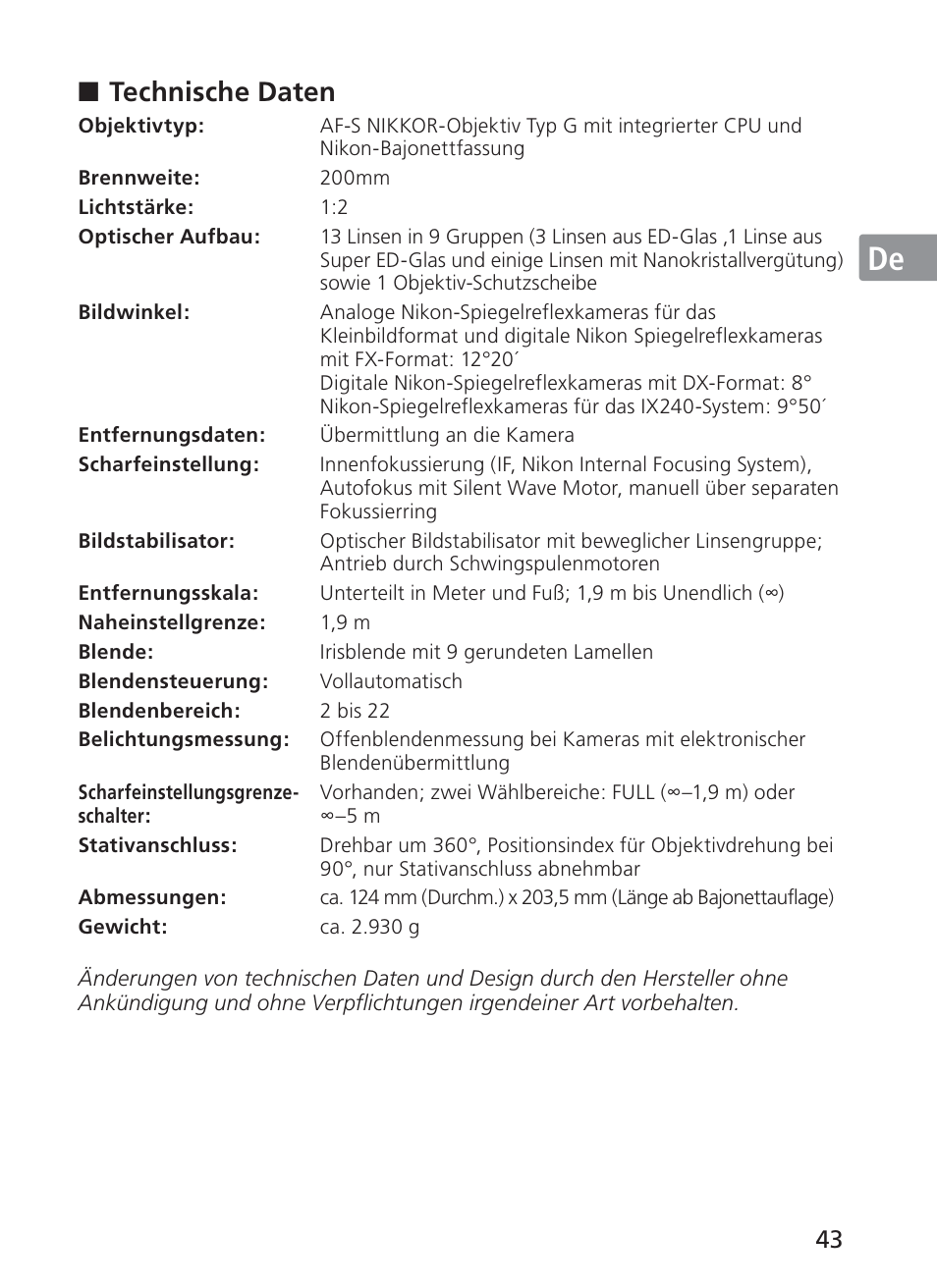 Jp en de fr es se ru nl it ck ch kr, Technische daten | Nikon 200mm-f-2G-ED-AF-S-VR-II-Nikkor User Manual | Page 43 / 228