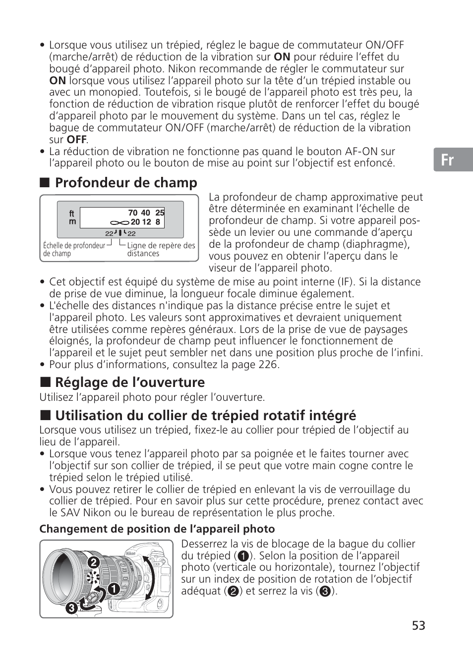 Jp en de fr es se ru nl it ck ch kr, Profondeur de champ, Réglage de l’ouverture | Utilisation du collier de trépied rotatif intégré | Nikon 200mm-f-2G-ED-AF-S-VR-II-Nikkor User Manual | Page 53 / 228