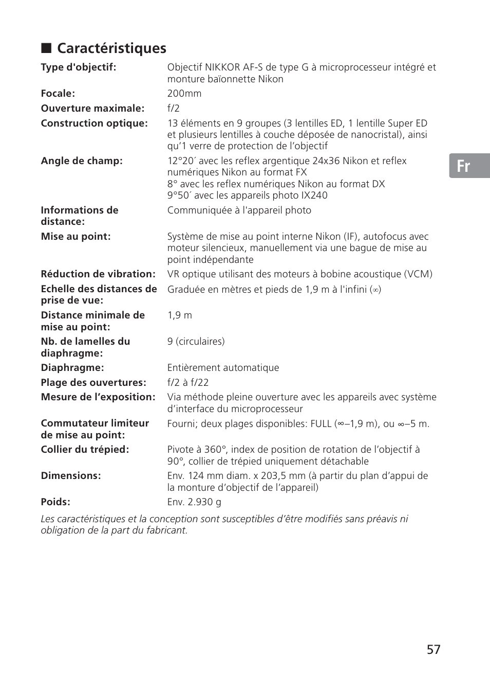 Jp en de fr es se ru nl it ck ch kr, Caractéristiques | Nikon 200mm-f-2G-ED-AF-S-VR-II-Nikkor User Manual | Page 57 / 228