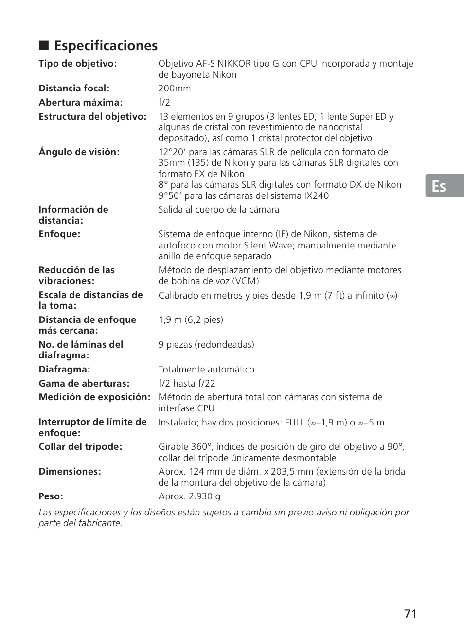Jp en de fr es se ru nl it ck ch kr, Especificaciones | Nikon 200mm-f-2G-ED-AF-S-VR-II-Nikkor User Manual | Page 71 / 228
