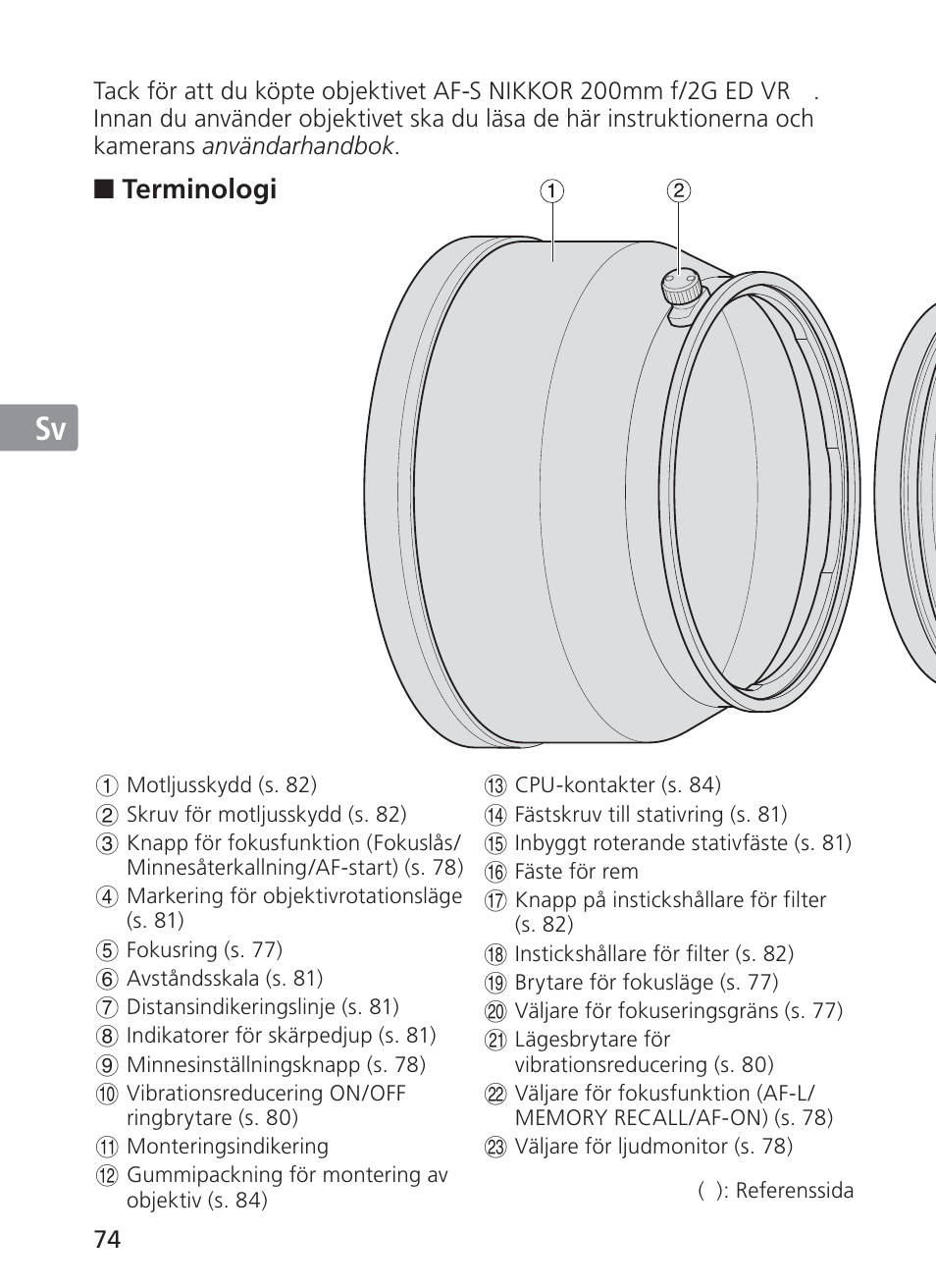 Jp en de fr es sv ru nl it ck ch kr, Terminologi | Nikon 200mm-f-2G-ED-AF-S-VR-II-Nikkor User Manual | Page 74 / 228