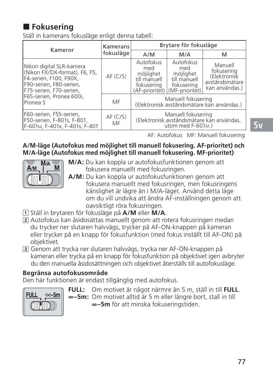 Jp en de fr es sv ru nl it ck ch kr, Fokusering | Nikon 200mm-f-2G-ED-AF-S-VR-II-Nikkor User Manual | Page 77 / 228
