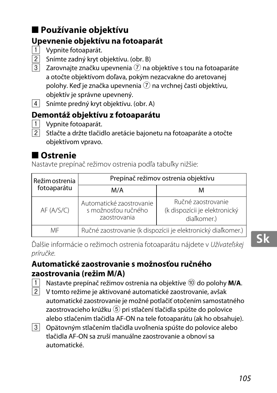 Používanie objektívu, Upevnenie objektívu na fotoaparát, Demontáž objektívu z fotoaparátu | Ostrenie, Jp kr de it cz sk ck ch nl ru sv es en fr | Nikon 85mm-f-35G-ED-AF-S-VR-DX-Micro-Nikkor User Manual | Page 105 / 152