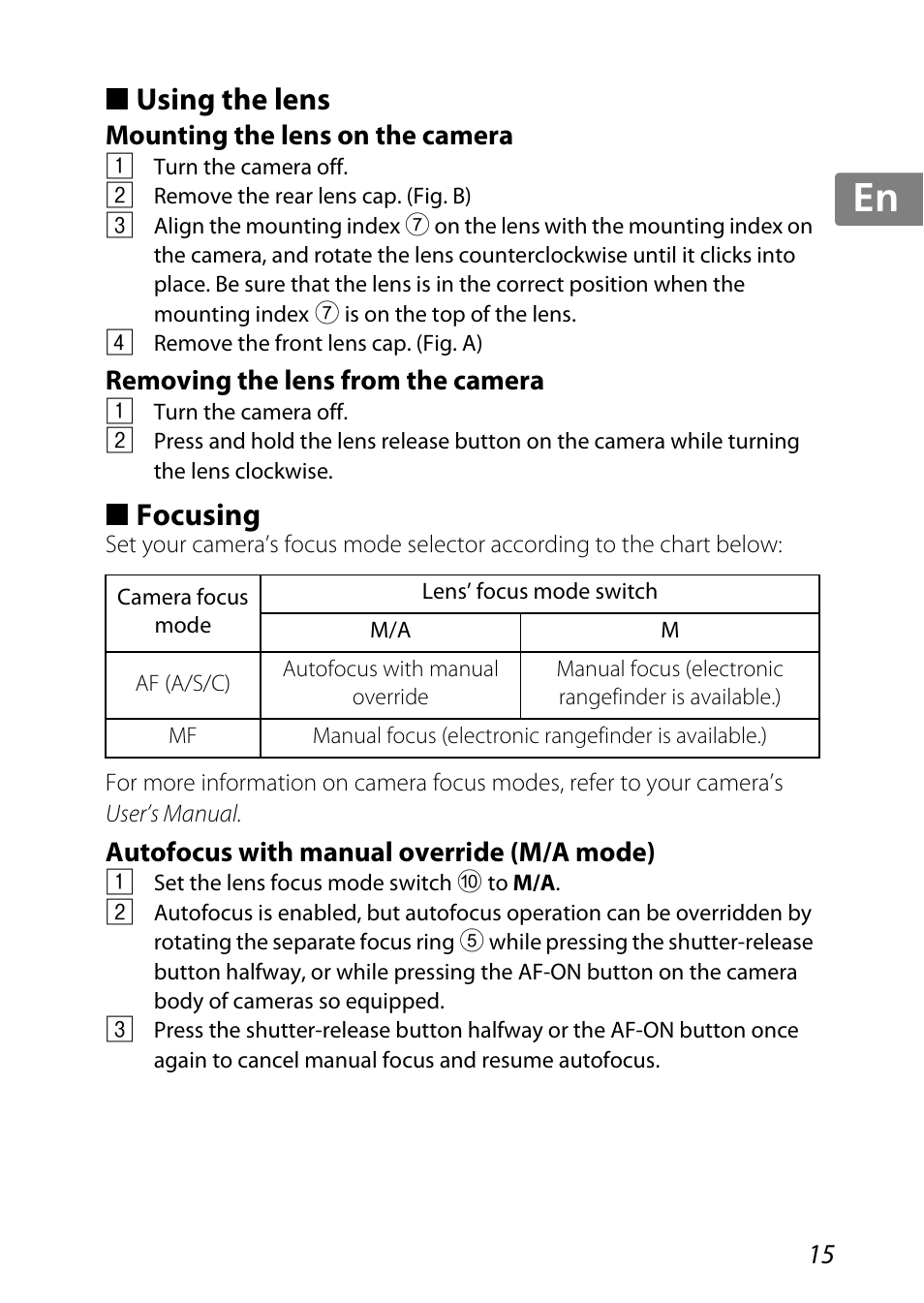 Using the lens, Mounting the lens on the camera, Removing the lens from the camera | Focusing, Autofocus with manual override (m/a mode), Ng (p. 15), P. 15, P. 15), Jp kr de it cz sk ck ch nl ru sv es en fr | Nikon 85mm-f-35G-ED-AF-S-VR-DX-Micro-Nikkor User Manual | Page 15 / 152