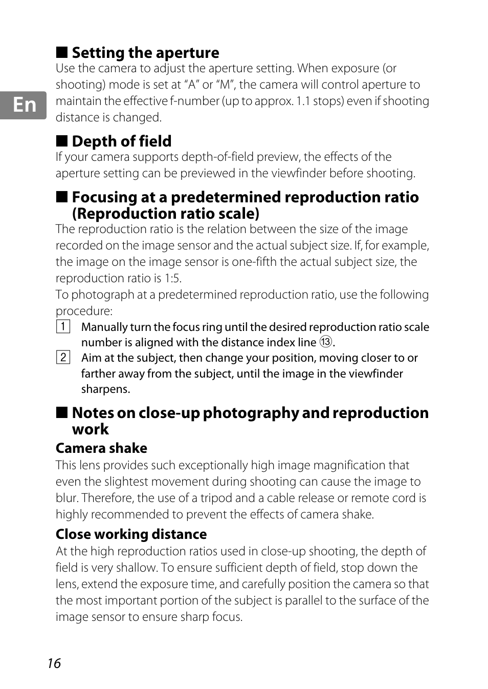 Setting the aperture, Depth of field, Camera shake | Close working distance, Tio scale (p. 16, P. 16, Jp kr de it cz sk ck ch nl ru sv es en fr | Nikon 85mm-f-35G-ED-AF-S-VR-DX-Micro-Nikkor User Manual | Page 16 / 152