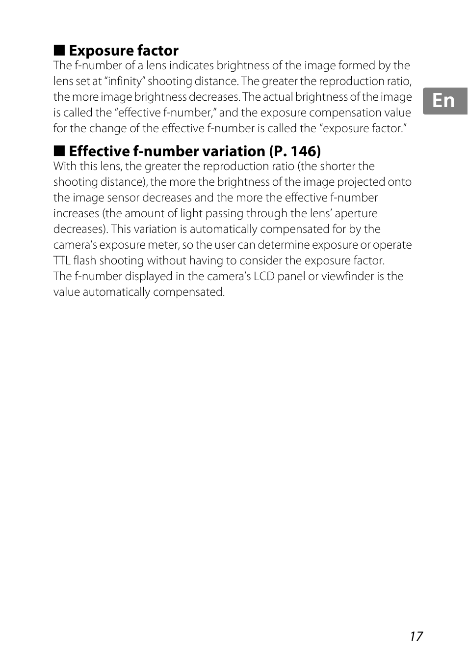 Exposure factor, Effective f-number variation (p. 146), Jp kr de it cz sk ck ch nl ru sv es en fr | Nikon 85mm-f-35G-ED-AF-S-VR-DX-Micro-Nikkor User Manual | Page 17 / 152