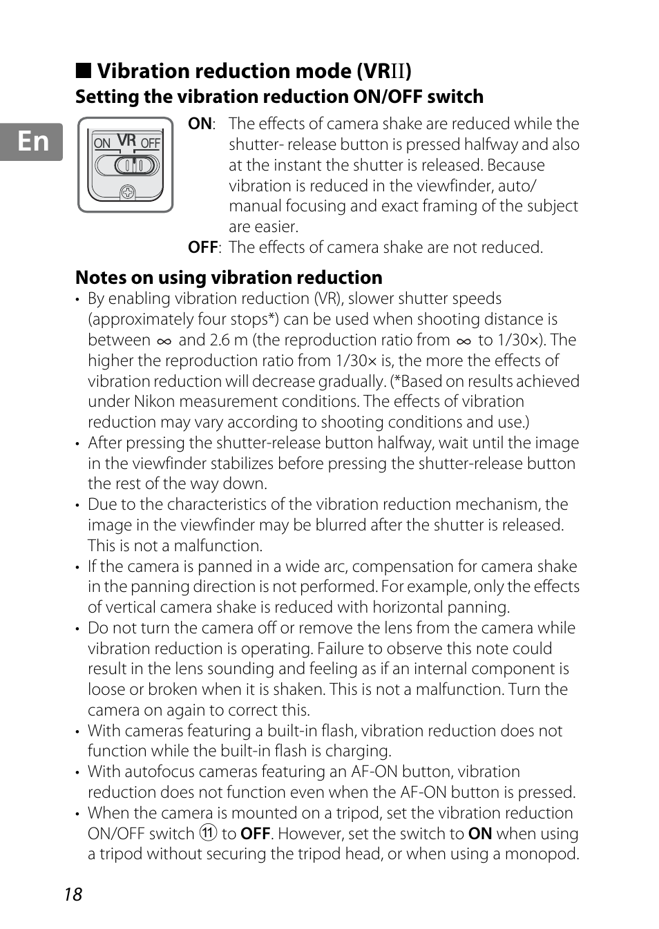 Vibration reduction mode (vrii), Setting the vibration reduction on/off switch, Notes on using vibration reduction | Switch (p. 18), Jp kr de it cz sk ck ch nl ru sv es en fr | Nikon 85mm-f-35G-ED-AF-S-VR-DX-Micro-Nikkor User Manual | Page 18 / 152