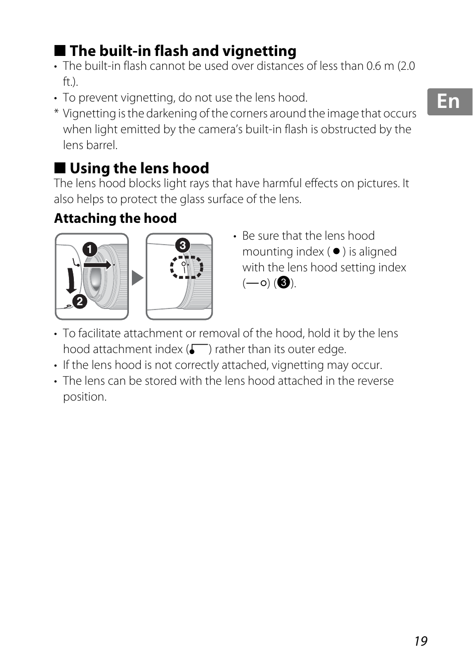 The built-in flash and vignetting, Using the lens hood, Attaching the hood | P. 19), Jp kr de it cz sk ck ch nl ru sv es en fr | Nikon 85mm-f-35G-ED-AF-S-VR-DX-Micro-Nikkor User Manual | Page 19 / 152