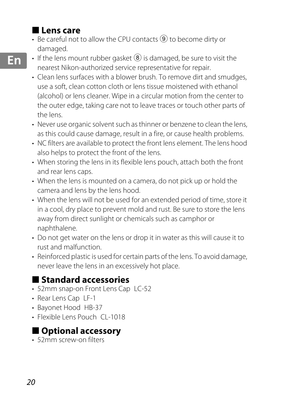 Lens care, Standard accessories, Optional accessory | P. 20), Ts (p. 20, Jp kr de it cz sk ck ch nl ru sv es en fr | Nikon 85mm-f-35G-ED-AF-S-VR-DX-Micro-Nikkor User Manual | Page 20 / 152