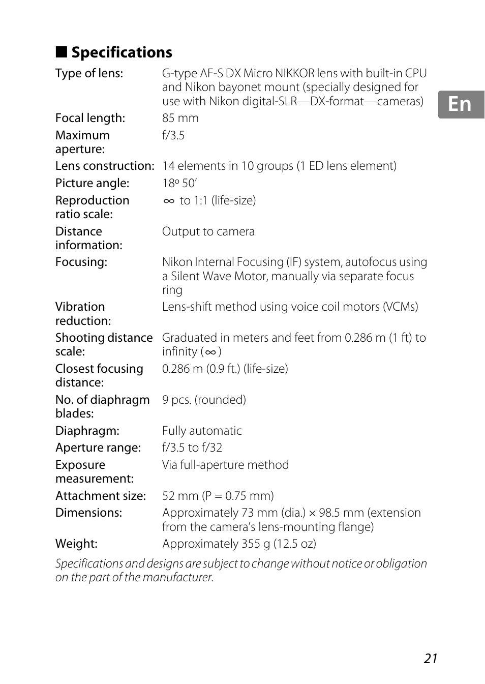 Specifications, Jp kr de it cz sk ck ch nl ru sv es en fr | Nikon 85mm-f-35G-ED-AF-S-VR-DX-Micro-Nikkor User Manual | Page 21 / 152