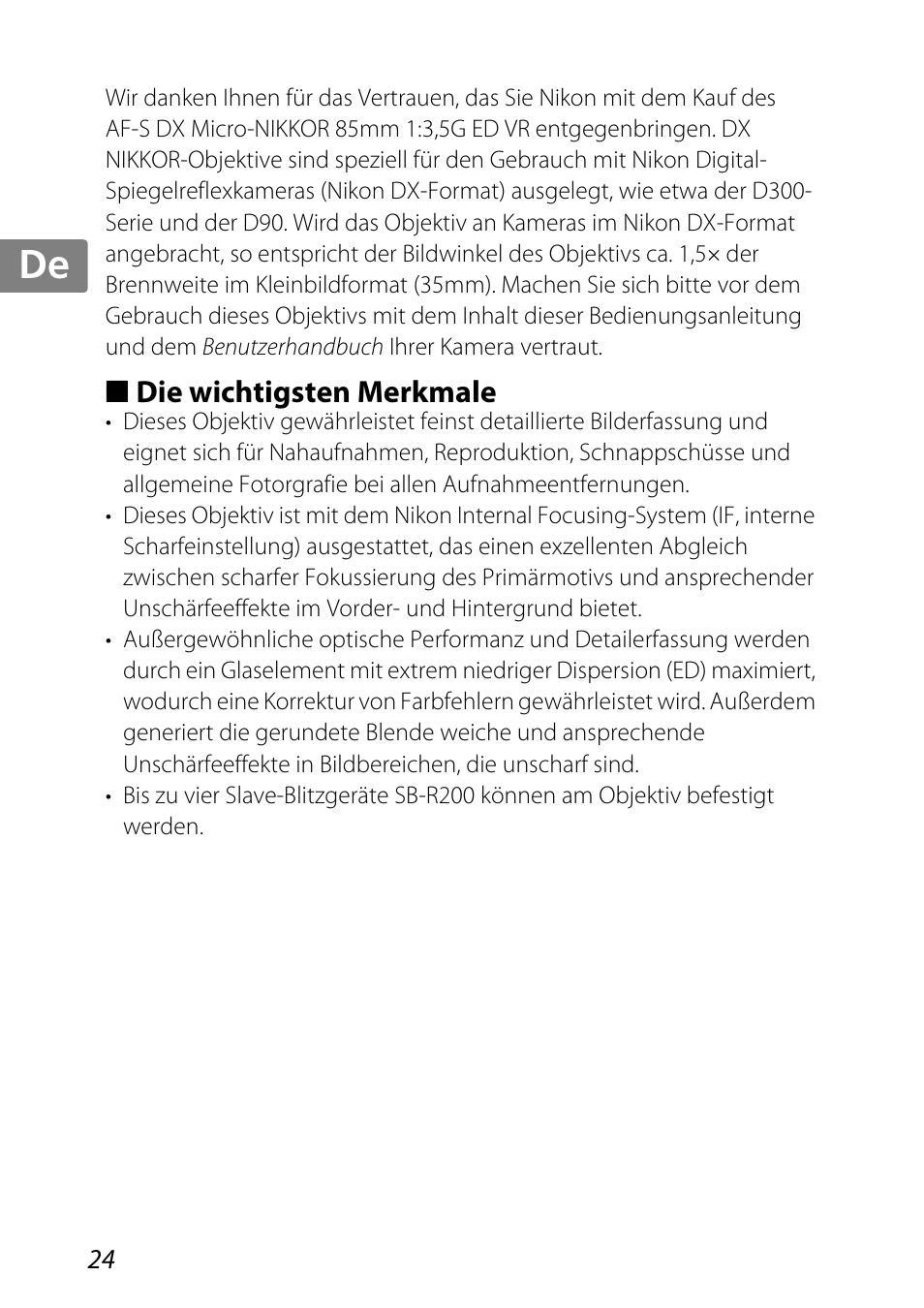 Die wichtigsten merkmale, Jp kr de it cz sk ck ch nl ru sv es en fr | Nikon 85mm-f-35G-ED-AF-S-VR-DX-Micro-Nikkor User Manual | Page 24 / 152