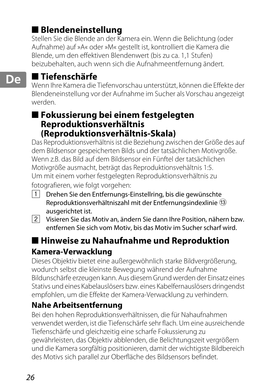 Blendeneinstellung, Tiefenschärfe, Hinweise zu nahaufnahme und reproduktion | Kamera-verwacklung, Nahe arbeitsentfernung, S. 26), Jp kr de it cz sk ck ch nl ru sv es en fr | Nikon 85mm-f-35G-ED-AF-S-VR-DX-Micro-Nikkor User Manual | Page 26 / 152