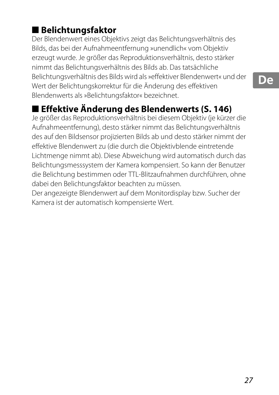 Belichtungsfaktor, Effektive änderung des blendenwerts (s. 146) | Nikon 85mm-f-35G-ED-AF-S-VR-DX-Micro-Nikkor User Manual | Page 27 / 152