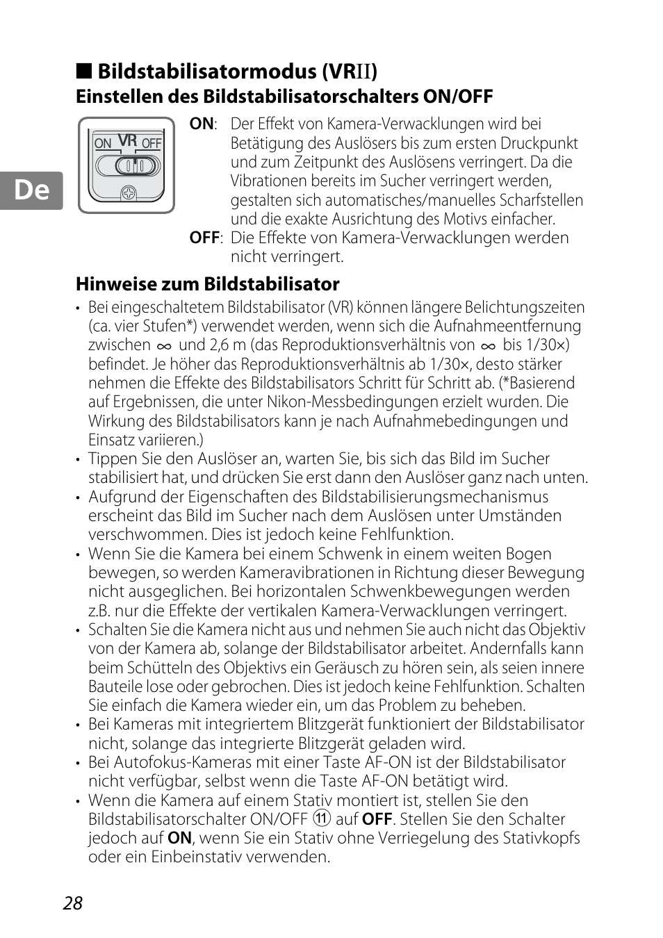 Bildstabilisatormodus (vrii), Einstellen des bildstabilisatorschalters on/off, Hinweise zum bildstabilisator | F (s. 28), Jp kr de it cz sk ck ch nl ru sv es en fr | Nikon 85mm-f-35G-ED-AF-S-VR-DX-Micro-Nikkor User Manual | Page 28 / 152