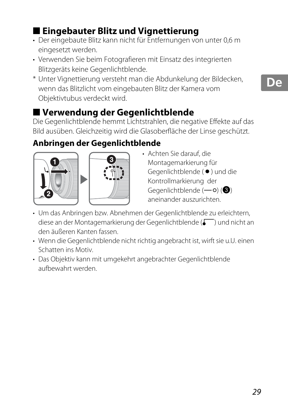 Eingebauter blitz und vignettierung, Verwendung der gegenlichtblende, Anbringen der gegenlichtblende | Gegenlichtblende (s. 29), Gegenlichtblend (s. 29), Jp kr de it cz sk ck ch nl ru sv es en fr | Nikon 85mm-f-35G-ED-AF-S-VR-DX-Micro-Nikkor User Manual | Page 29 / 152