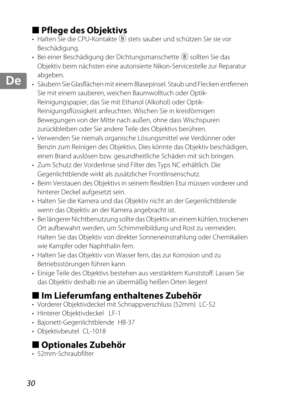 Pflege des objektivs, Im lieferumfang enthaltenes zubehör, Optionales zubehör | Schette (s. 30, Akte (s. 30, Jp kr de it cz sk ck ch nl ru sv es en fr | Nikon 85mm-f-35G-ED-AF-S-VR-DX-Micro-Nikkor User Manual | Page 30 / 152