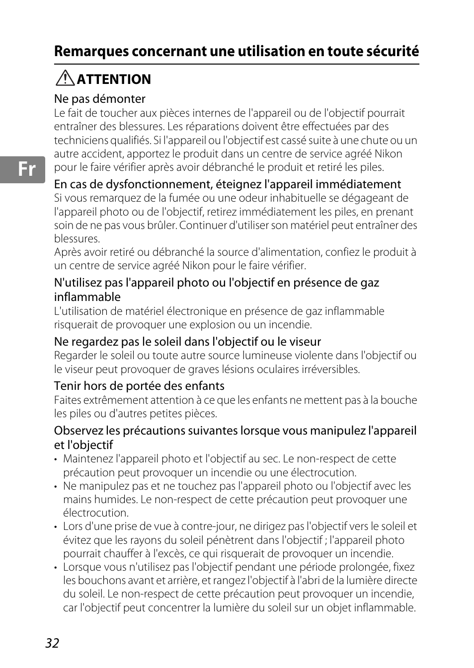 Attention, Jp kr de it cz sk ck ch nl ru sv es en fr | Nikon 85mm-f-35G-ED-AF-S-VR-DX-Micro-Nikkor User Manual | Page 32 / 152