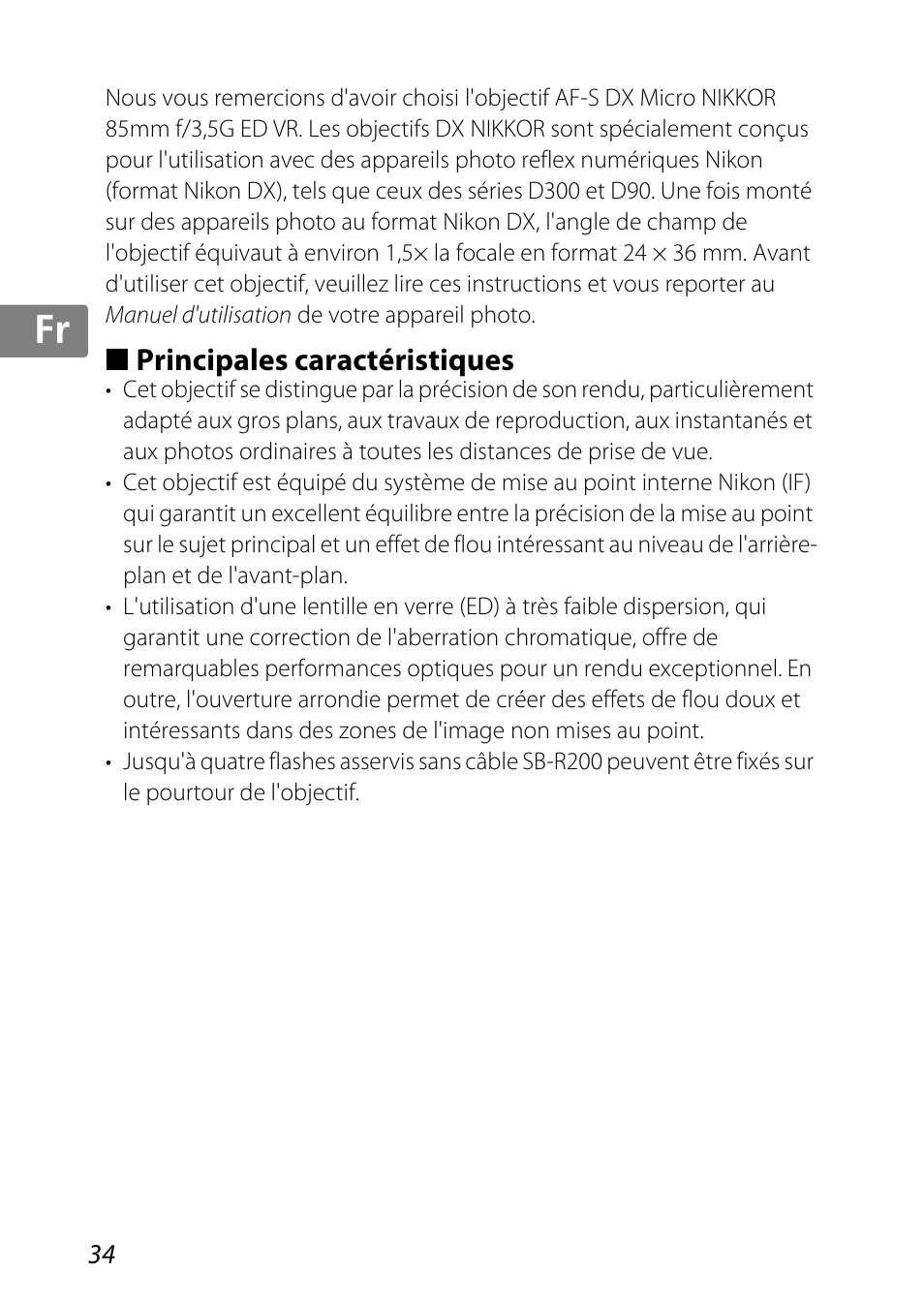 Principales caractéristiques, Jp kr de it cz sk ck ch nl ru sv es en fr | Nikon 85mm-f-35G-ED-AF-S-VR-DX-Micro-Nikkor User Manual | Page 34 / 152