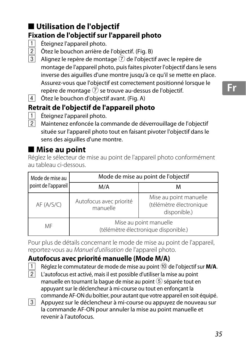 Utilisation de l'objectif, Fixation de l'objectif sur l'appareil photo, Retrait de l'objectif de l'appareil photo | Mise au point, Autofocus avec priorité manuelle (mode m/a), P. 35), Mise au point (p. 35), Jp kr de it cz sk ck ch nl ru sv es en fr | Nikon 85mm-f-35G-ED-AF-S-VR-DX-Micro-Nikkor User Manual | Page 35 / 152