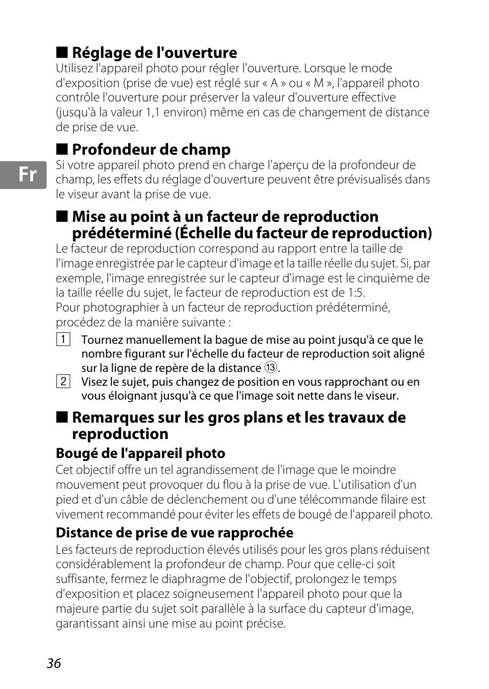 Réglage de l'ouverture, Profondeur de champ, Bougé de l'appareil photo | Distance de prise de vue rapprochée, P. 36, P. 36), Jp kr de it cz sk ck ch nl ru sv es en fr | Nikon 85mm-f-35G-ED-AF-S-VR-DX-Micro-Nikkor User Manual | Page 36 / 152