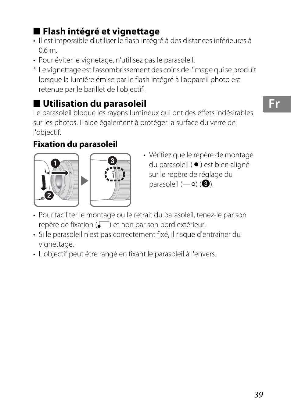 Flash intégré et vignettage, Utilisation du parasoleil, Fixation du parasoleil | Leil (p. 39), P. 39), Jp kr de it cz sk ck ch nl ru sv es en fr | Nikon 85mm-f-35G-ED-AF-S-VR-DX-Micro-Nikkor User Manual | Page 39 / 152