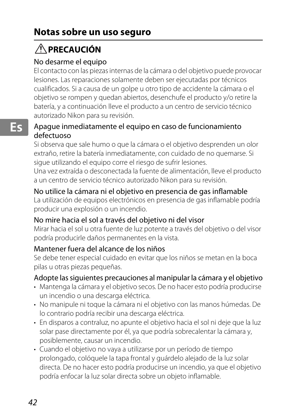 Notas sobre un uso seguro, Precaución, Jp kr de it cz sk ck ch nl ru sv es en fr | Nikon 85mm-f-35G-ED-AF-S-VR-DX-Micro-Nikkor User Manual | Page 42 / 152