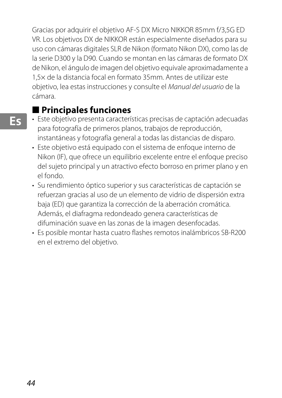 Principales funciones, Jp kr de it cz sk ck ch nl ru sv es en fr | Nikon 85mm-f-35G-ED-AF-S-VR-DX-Micro-Nikkor User Manual | Page 44 / 152