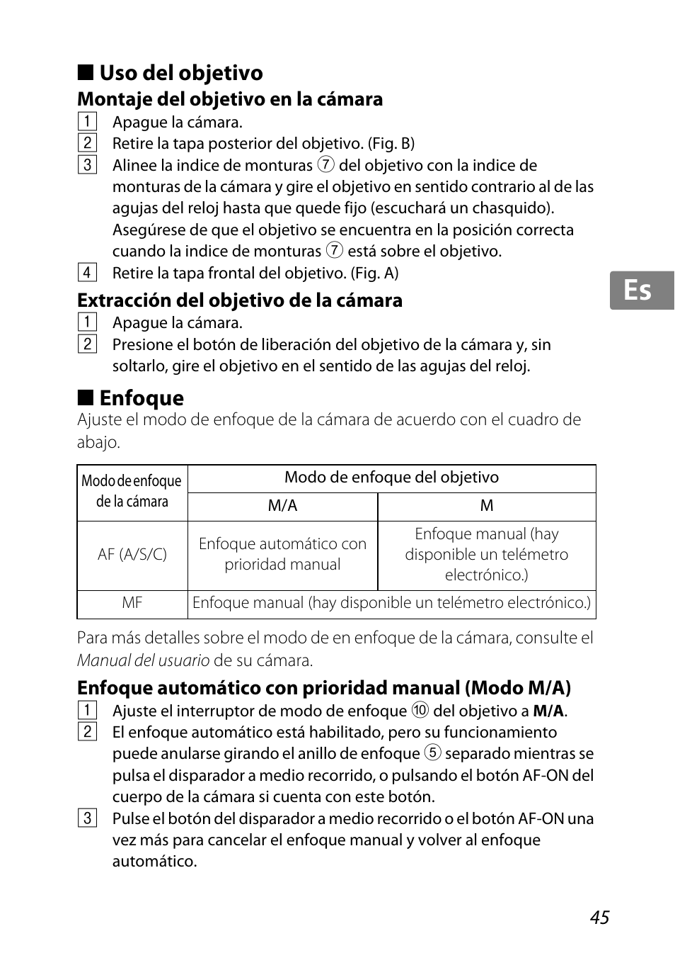 Uso del objetivo, Montaje del objetivo en la cámara, Extracción del objetivo de la cámara | Enfoque, Enfoque automático con prioridad manual (modo m/a), De enfoque (p. 45), P. 45), Foque (p. 45), Jp kr de it cz sk ck ch nl ru sv es en fr | Nikon 85mm-f-35G-ED-AF-S-VR-DX-Micro-Nikkor User Manual | Page 45 / 152