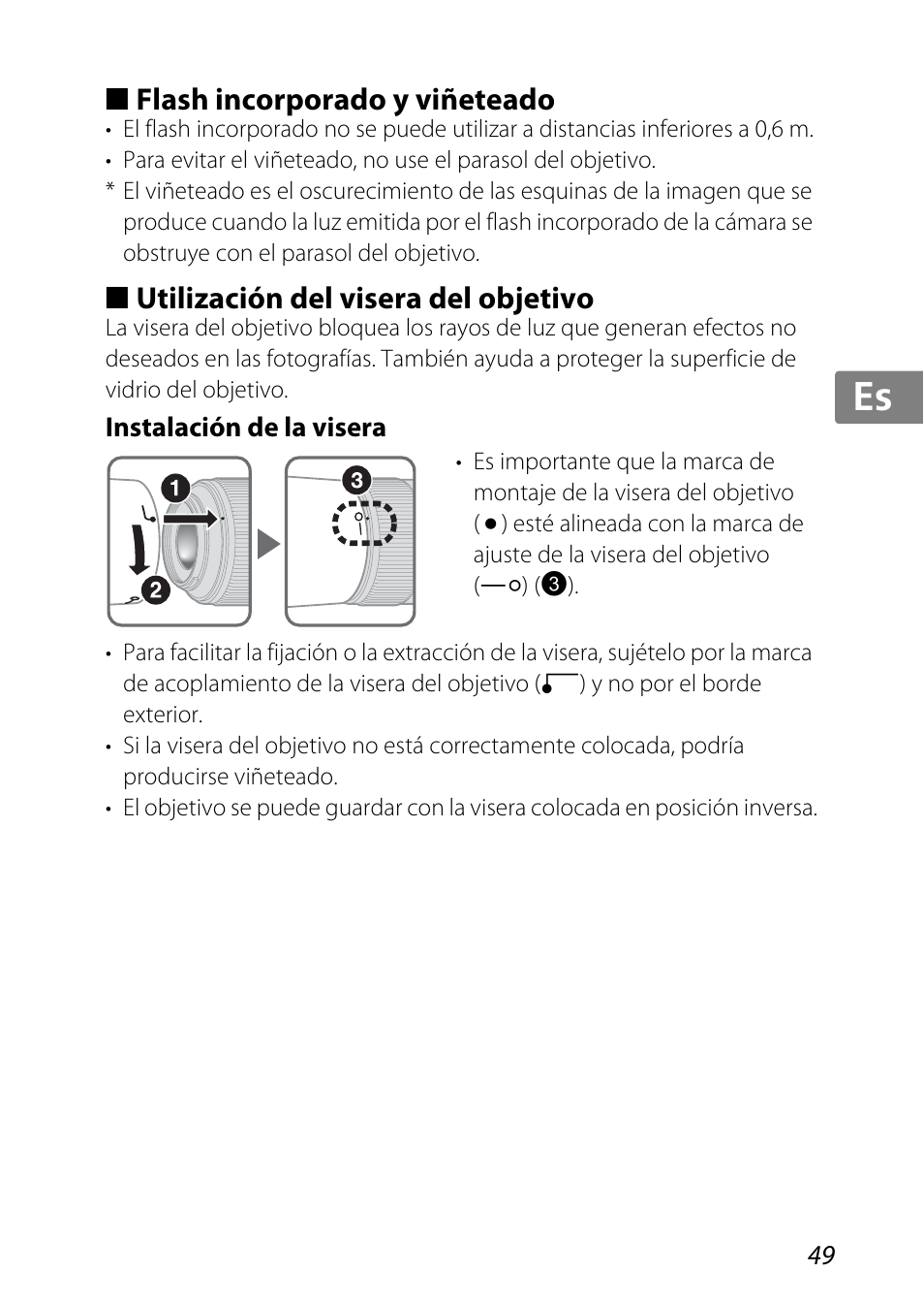 Flash incorporado y viñeteado, Utilización del visera del objetivo, Instalación de la visera | P. 49), Vo (p. 49), P. 49, Jp kr de it cz sk ck ch nl ru sv es en fr | Nikon 85mm-f-35G-ED-AF-S-VR-DX-Micro-Nikkor User Manual | Page 49 / 152