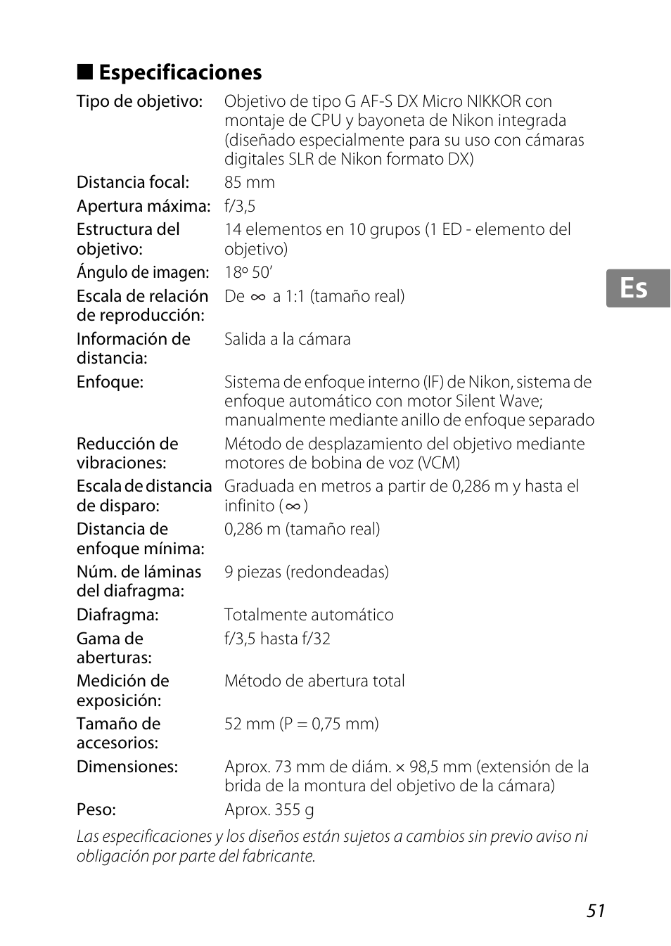 Especificaciones, Jp kr de it cz sk ck ch nl ru sv es en fr | Nikon 85mm-f-35G-ED-AF-S-VR-DX-Micro-Nikkor User Manual | Page 51 / 152