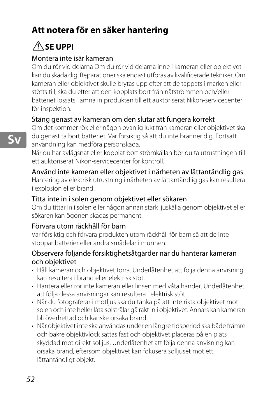 Att notera för en säker hantering, Se upp, Jp kr de it cz sk ck ch nl ru sv es en fr | Nikon 85mm-f-35G-ED-AF-S-VR-DX-Micro-Nikkor User Manual | Page 52 / 152