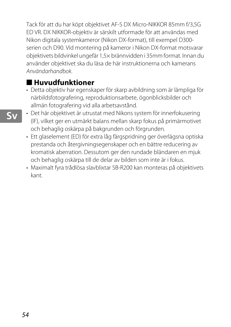 Huvudfunktioner, Jp kr de it cz sk ck ch nl ru sv es en fr | Nikon 85mm-f-35G-ED-AF-S-VR-DX-Micro-Nikkor User Manual | Page 54 / 152