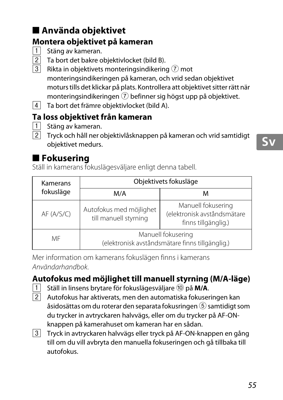 Använda objektivet, Montera objektivet på kameran, Ta loss objektivet från kameran | Fokusering, Ing (s. 55), Ng (s. 55), S. 55), Jp kr de it cz sk ck ch nl ru sv es en fr | Nikon 85mm-f-35G-ED-AF-S-VR-DX-Micro-Nikkor User Manual | Page 55 / 152