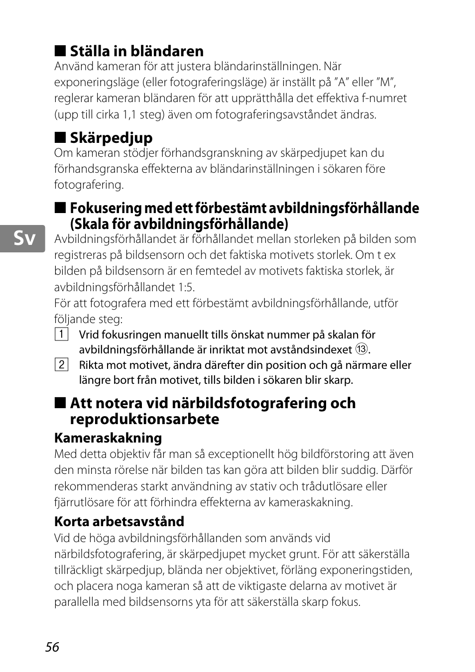 Ställa in bländaren, Skärpedjup, Kameraskakning | Korta arbetsavstånd, Avbildningsförhållande (s. 56), Dex (s. 56), Jp kr de it cz sk ck ch nl ru sv es en fr | Nikon 85mm-f-35G-ED-AF-S-VR-DX-Micro-Nikkor User Manual | Page 56 / 152