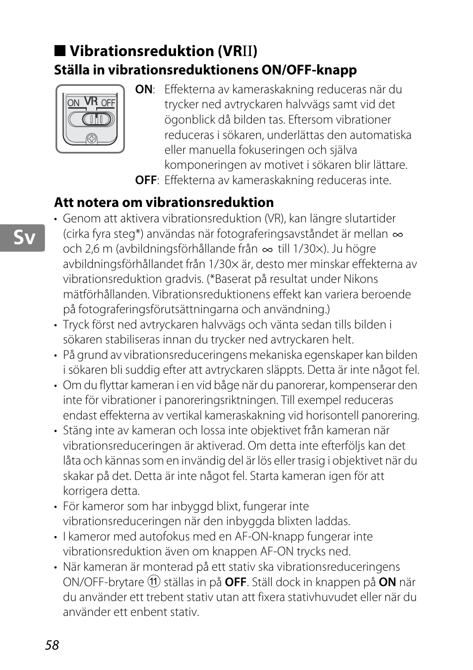 Vibrationsreduktion (vrii), Ställa in vibrationsreduktionens on/off-knapp, Att notera om vibrationsreduktion | S. 58), Jp kr de it cz sk ck ch nl ru sv es en fr | Nikon 85mm-f-35G-ED-AF-S-VR-DX-Micro-Nikkor User Manual | Page 58 / 152