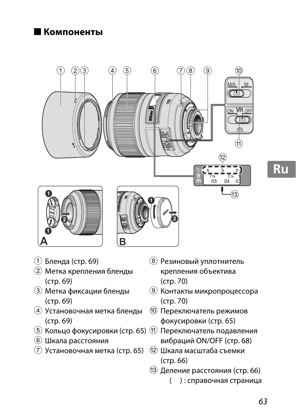 Компоненты, Jp kr de it cz sk ck ch nl ru sv es en fr | Nikon 85mm-f-35G-ED-AF-S-VR-DX-Micro-Nikkor User Manual | Page 63 / 152