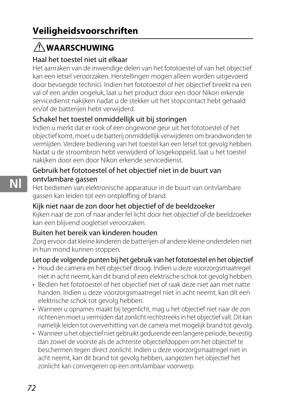 Veiligheidsvoorschriften, Waarschuwing, Jp kr de it cz sk ck ch nl ru sv es en fr | Nikon 85mm-f-35G-ED-AF-S-VR-DX-Micro-Nikkor User Manual | Page 72 / 152