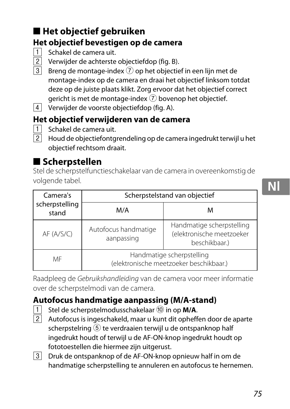 Het objectief gebruiken, Het objectief bevestigen op de camera, Het objectief verwijderen van de camera | Scherpstellen, Autofocus handmatige aanpassing (m/a-stand), Stelring (p. 75), P. 75, P. 75), Jp kr de it cz sk ck ch nl ru sv es en fr | Nikon 85mm-f-35G-ED-AF-S-VR-DX-Micro-Nikkor User Manual | Page 75 / 152