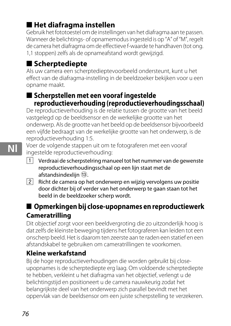 Het diafragma instellen, Scherptediepte, Opmerkingen bij close-upopnames en reproductiewerk | Cameratrilling, Kleine werkafstand, P. 76), N (p. 76, Jp kr de it cz sk ck ch nl ru sv es en fr | Nikon 85mm-f-35G-ED-AF-S-VR-DX-Micro-Nikkor User Manual | Page 76 / 152