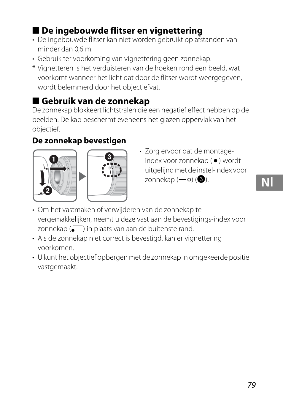 De ingebouwde flitser en vignettering, Gebruik van de zonnekap, De zonnekap bevestigen | Ap (p. 79), Zonnekap (p. 79), P. 79), Jp kr de it cz sk ck ch nl ru sv es en fr | Nikon 85mm-f-35G-ED-AF-S-VR-DX-Micro-Nikkor User Manual | Page 79 / 152