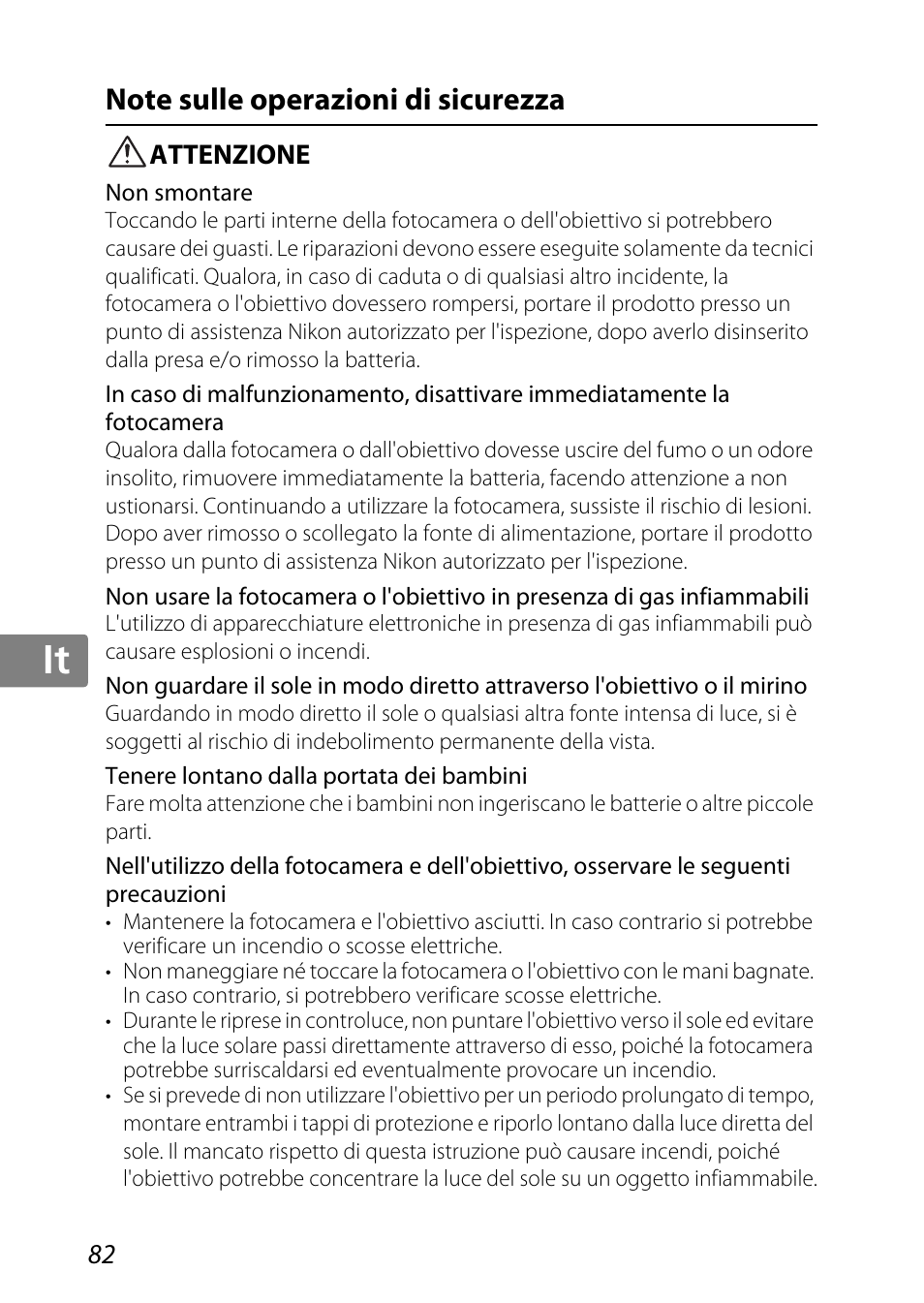 Note sulle operazioni di sicurezza, Attenzione, Jp kr de it cz sk ck ch nl ru sv es en fr | Nikon 85mm-f-35G-ED-AF-S-VR-DX-Micro-Nikkor User Manual | Page 82 / 152