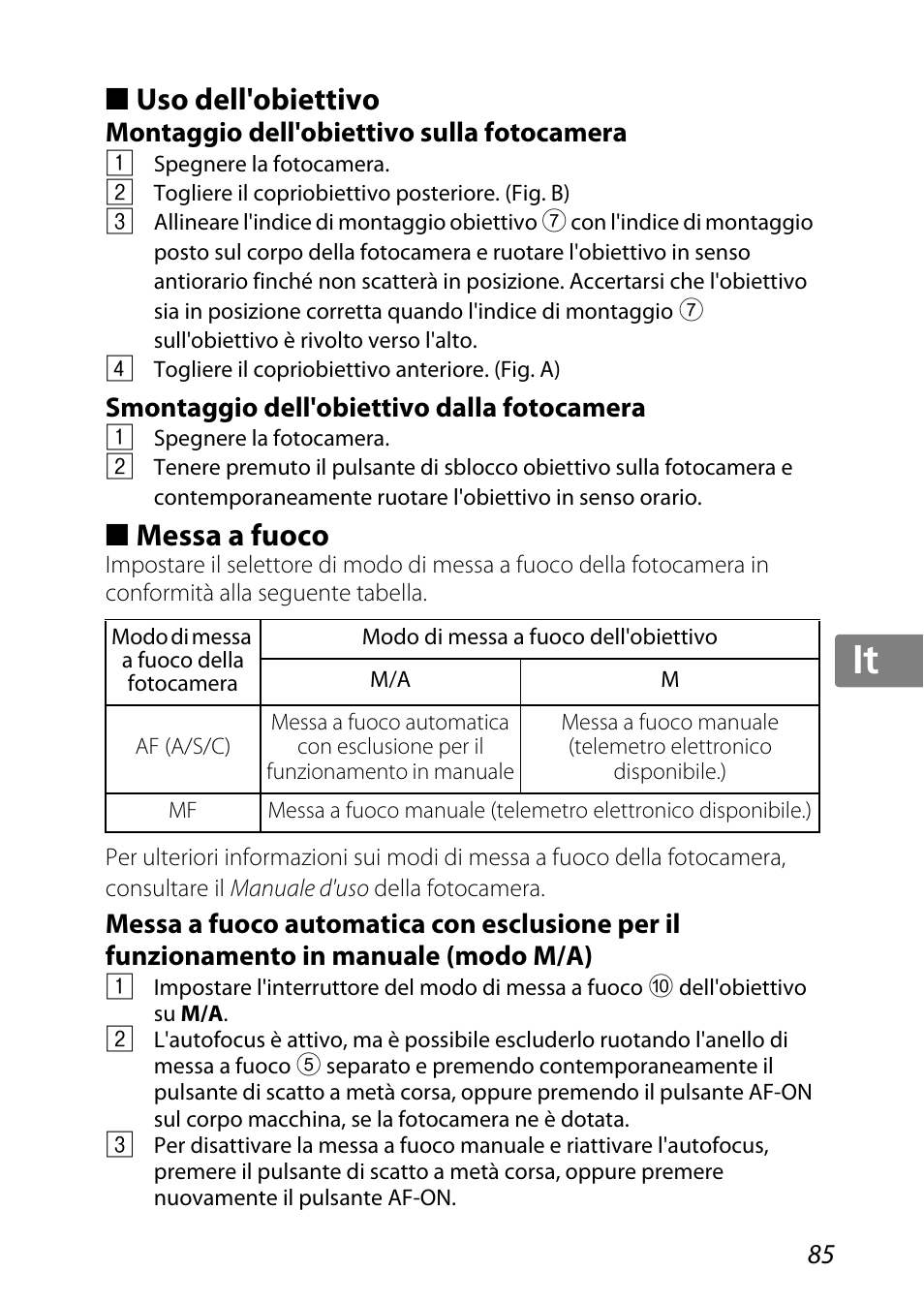 Uso dell'obiettivo, Montaggio dell'obiettivo sulla fotocamera, Smontaggio dell'obiettivo dalla fotocamera | Messa a fuoco, Oco (p. 85), Aggio (p. 85, P. 85), Jp kr de it cz sk ck ch nl ru sv es en fr | Nikon 85mm-f-35G-ED-AF-S-VR-DX-Micro-Nikkor User Manual | Page 85 / 152