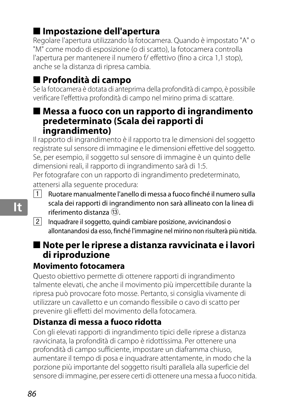 Impostazione dell'apertura, Profondità di campo, Movimento fotocamera | Distanza di messa a fuoco ridotta, O (p. 86), P. 86), Jp kr de it cz sk ck ch nl ru sv es en fr | Nikon 85mm-f-35G-ED-AF-S-VR-DX-Micro-Nikkor User Manual | Page 86 / 152