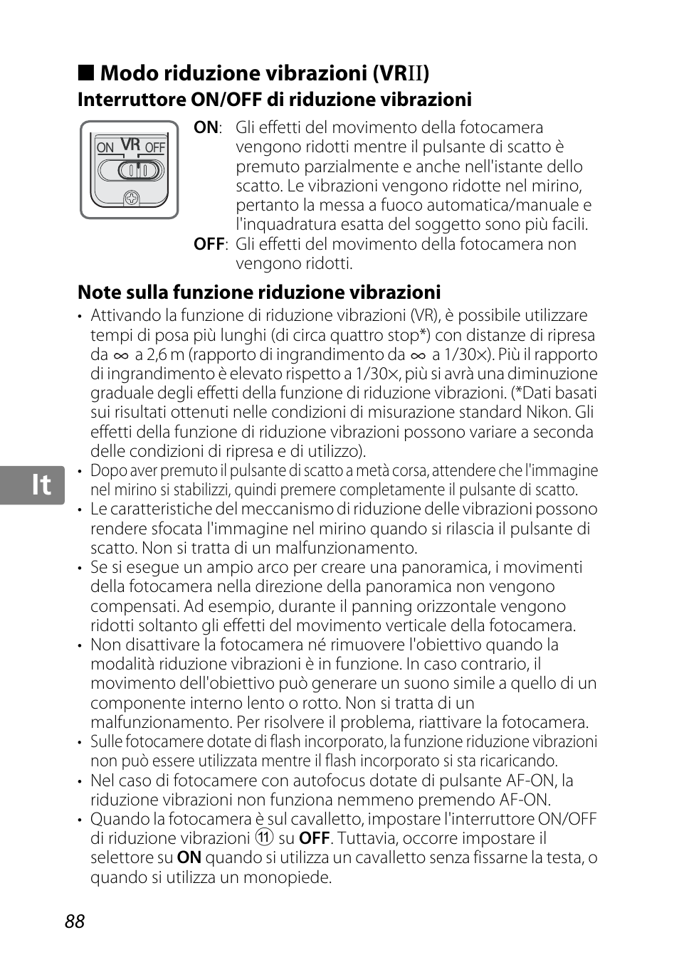 Modo riduzione vibrazioni (vrii), Interruttore on/off di riduzione vibrazioni, Note sulla funzione riduzione vibrazioni | Ni (p. 88), Jp kr de it cz sk ck ch nl ru sv es en fr | Nikon 85mm-f-35G-ED-AF-S-VR-DX-Micro-Nikkor User Manual | Page 88 / 152