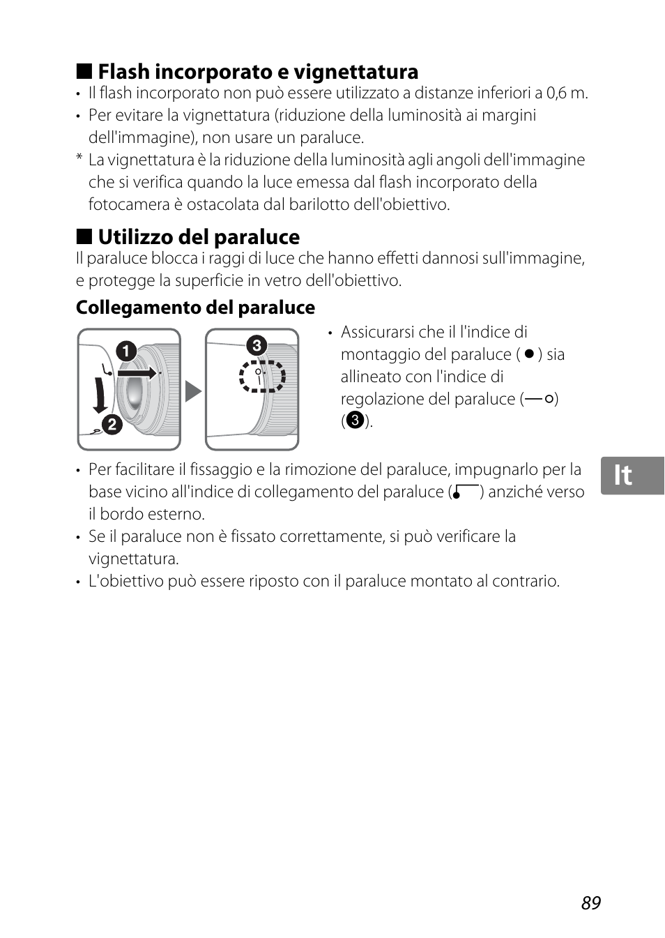 Flash incorporato e vignettatura, Utilizzo del paraluce, Collegamento del paraluce | Ce (p. 89), Luce (p. 89), Jp kr de it cz sk ck ch nl ru sv es en fr | Nikon 85mm-f-35G-ED-AF-S-VR-DX-Micro-Nikkor User Manual | Page 89 / 152