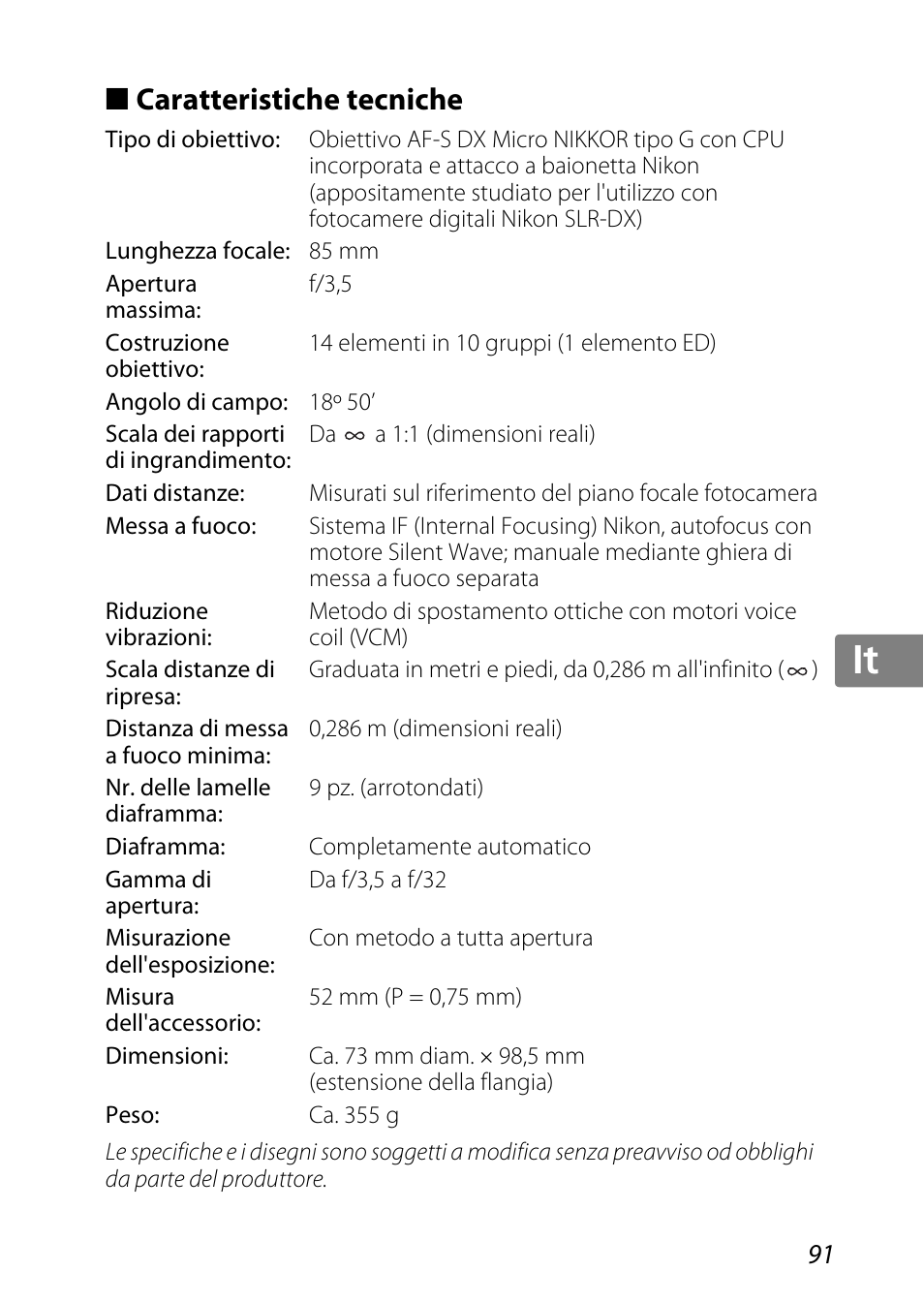 Caratteristiche tecniche, Jp kr de it cz sk ck ch nl ru sv es en fr | Nikon 85mm-f-35G-ED-AF-S-VR-DX-Micro-Nikkor User Manual | Page 91 / 152